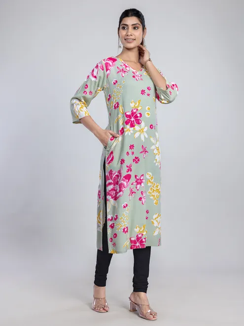 Pista green cotton printed kurti for women