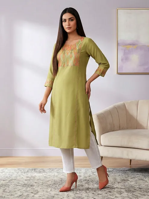 Pista green cotton silk aabla yoke style kurti