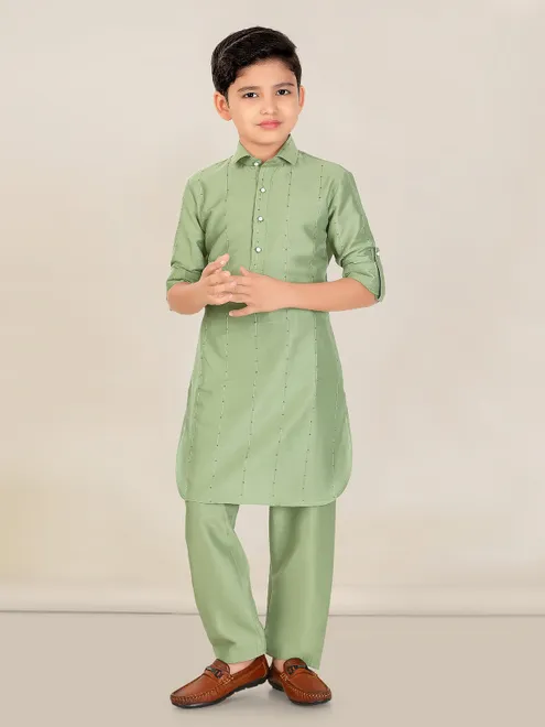 Pista green cotton silk boys pathani suit festive