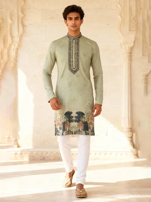 Pista green cotton silk daman printed kurta suit