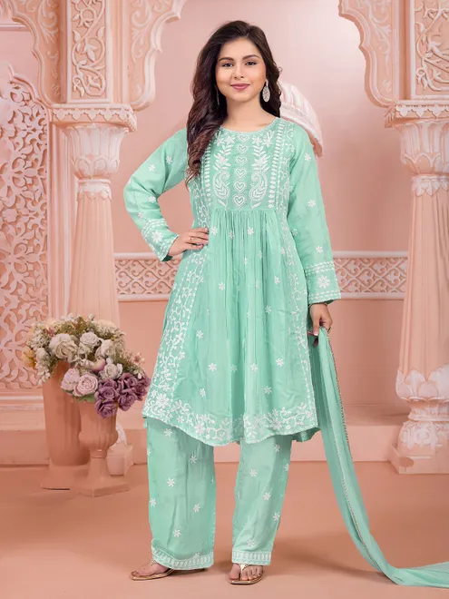 Pista green cotton silk embroidered pant suit