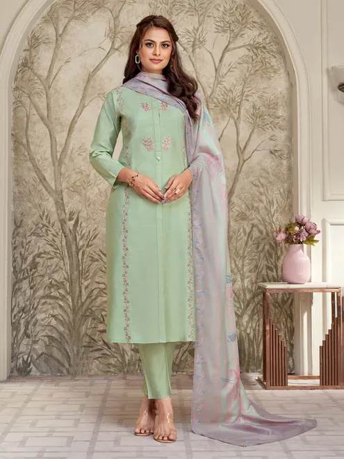 Pista green cotton silk salwar suit with dupatta