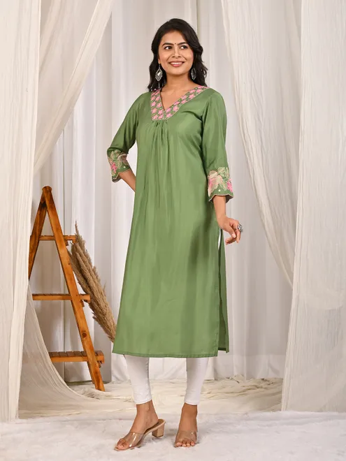 Pista green cotton silk V neck latest kurti