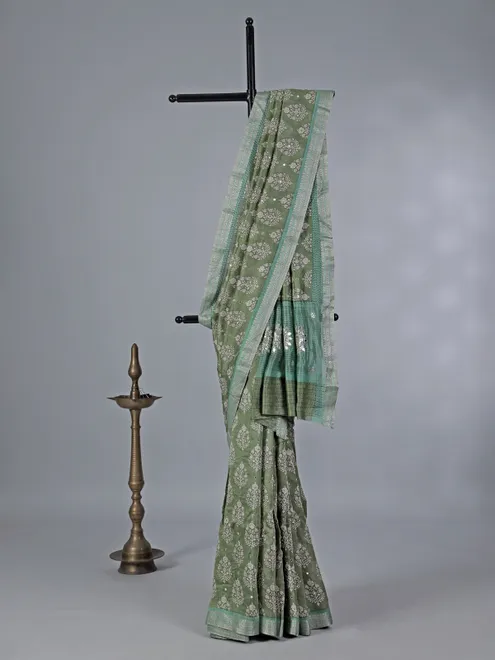 Pista green cotton wedding wear saree for women
