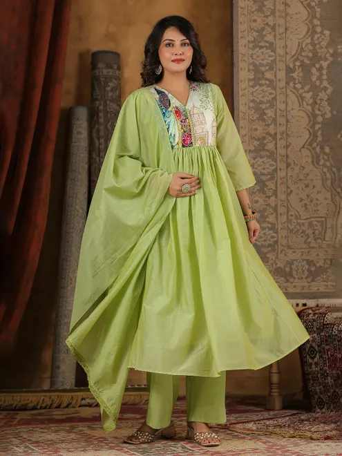 Pista green cotton yoke style kurti set
