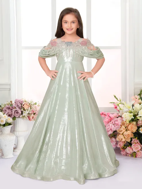 Pista green designer floor length embellished girls gown