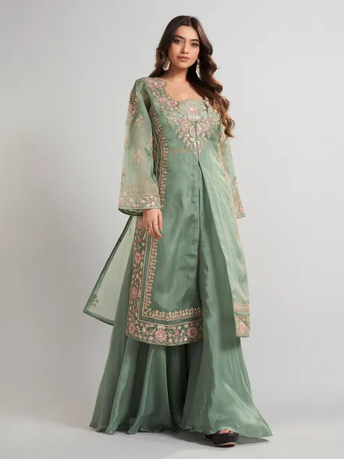 Pista green designer pakistani tissue and satin silk palazzo suit