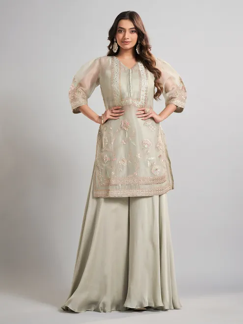 Pista green designer tissue and satin silk palazzo suit