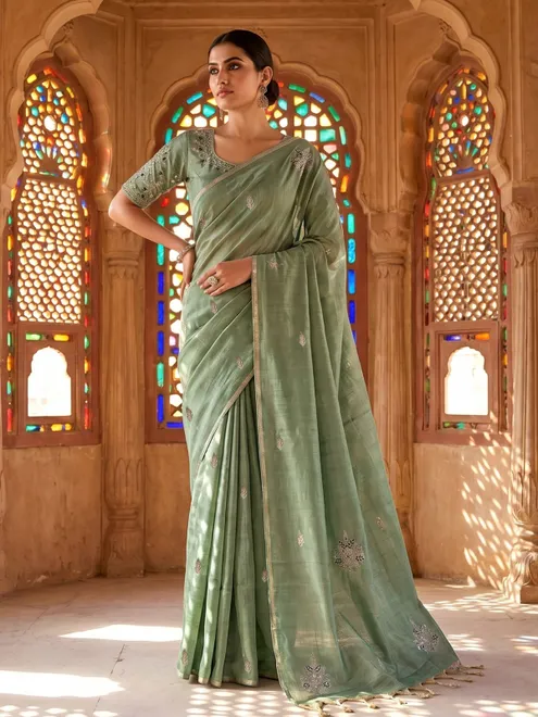 Pista green designer weaving tissue saree