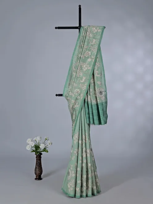 Pista green floral printed art silk saree with resham work