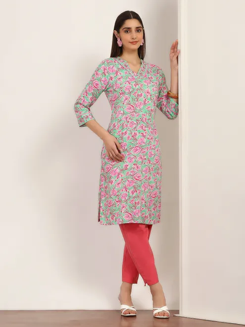 Pista green floral printed cotton silk kurti