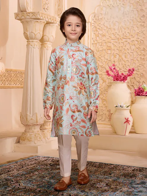Pista green floral printed silk boys kurta suit
