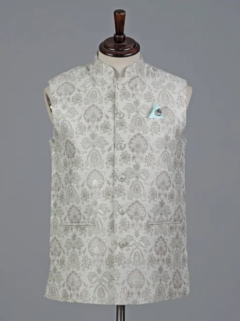 Pista green floral zari work brocade waistcoat