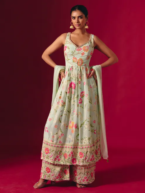 Pista green georgette pakistani style sweetheart palazzo suit