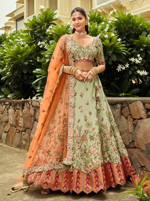 Pista green heritage silk lehenga choli for women