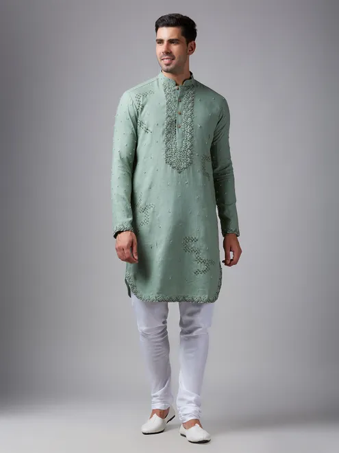 Pista green linen men kurta pajama for festive
