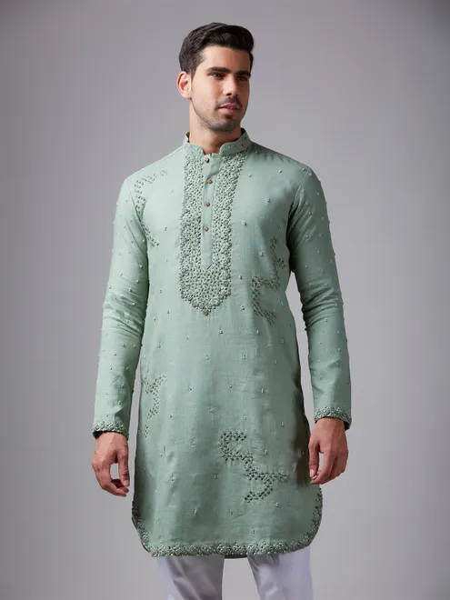 Pista green linen  Men Kurta pajama for festive