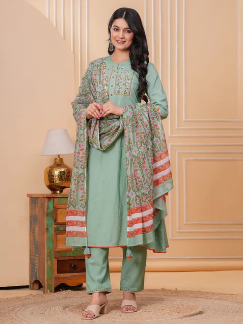 Pista green linen yoke styel salwar suit with dupatta