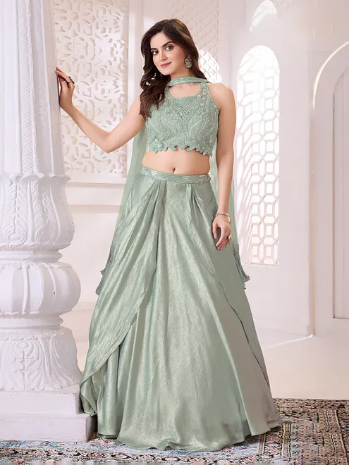 Pista green lycra designer pearl embellished lehenga choli