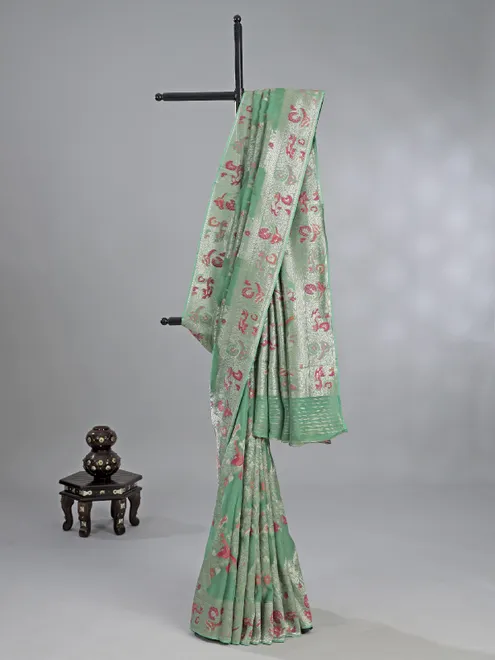 Pista green modal silk saree with colorfull motifs