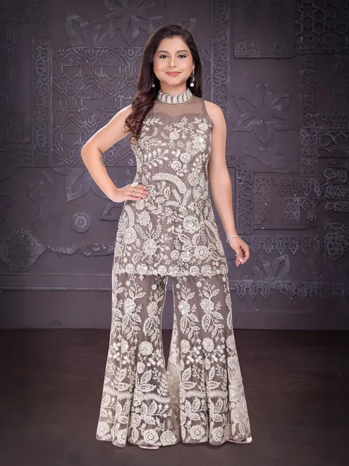 Pista green net ethnic wear palazzo suit