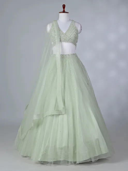 Pista green net lehenga choli with beaded design