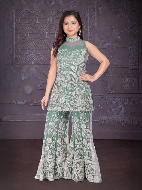 Pista green net sparkling wedding wear palazzo suit