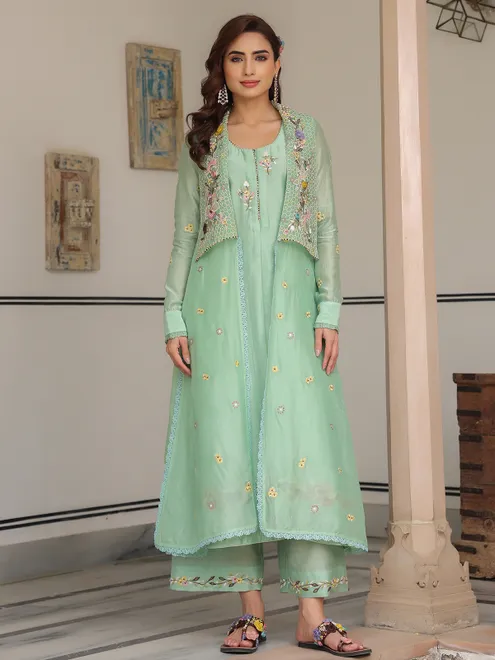 Pista green organza and chanderi silk kurti set