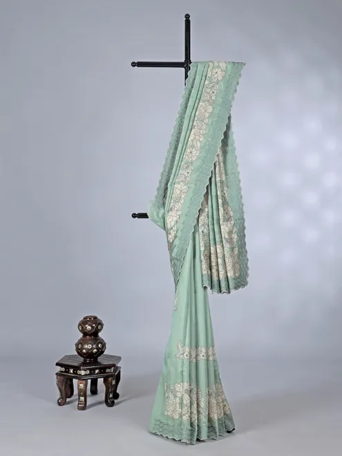 Pista green printed semi silk saree with resham work