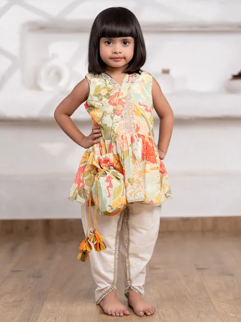 Pista green printed silk dhoti suit