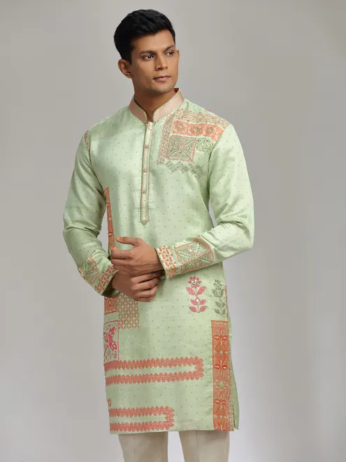 Pista green printed satin linen kurta pajama for festive wear