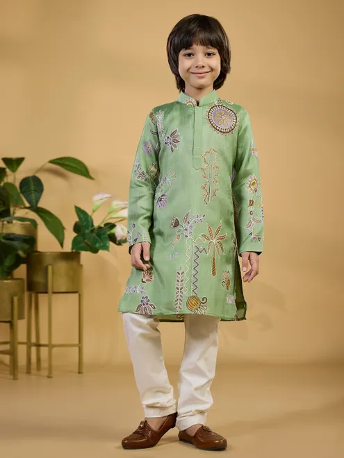 Pista green printed silk kurta suit for boys