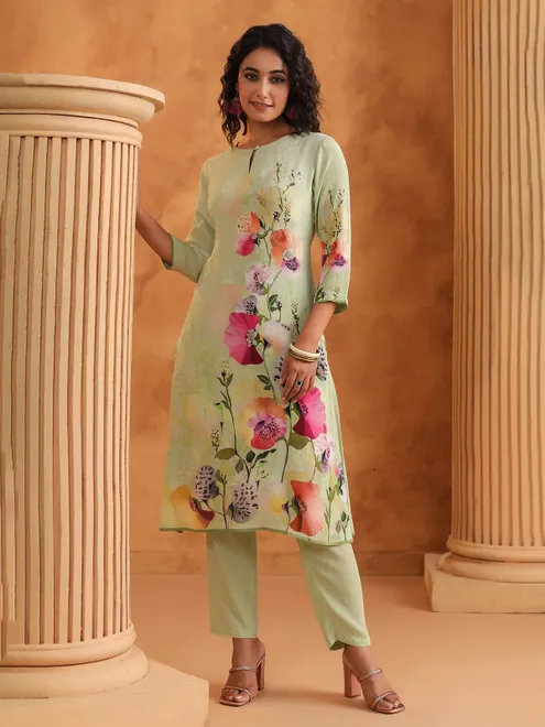 Pista green printed silk kurti set for casual