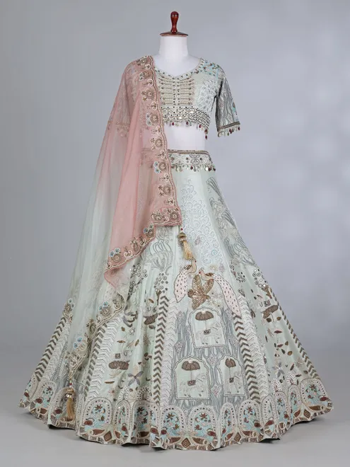 Pista green raw silk sweetheart bridal lehenga choli