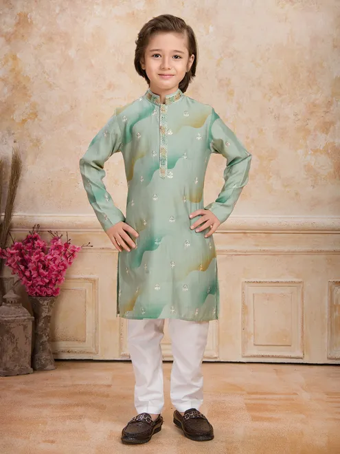 Pista green resham and sequins printed cotton silk kurta suit