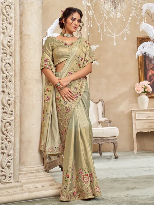 Pista green shaded viscose silk embroidered work saree