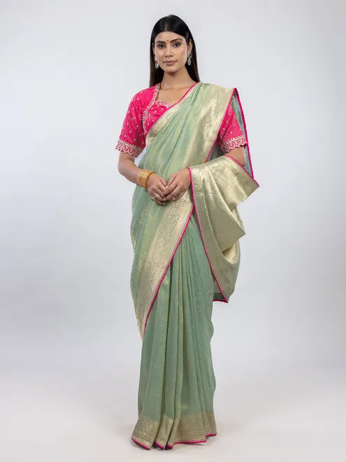 Pista green shimmer tissue silk saree with readymade blouse
