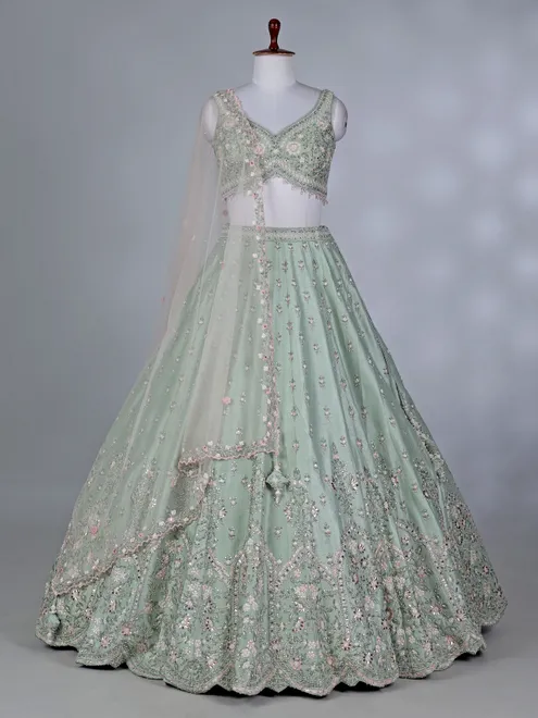 Pista green silk beaded embroidered lehenga choli