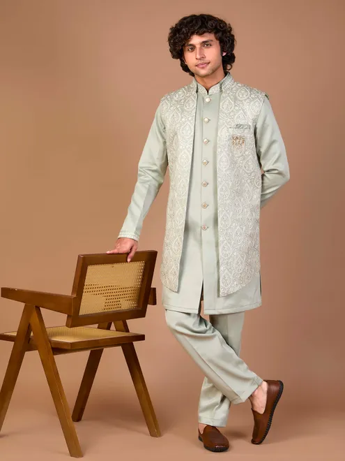 Pista green malai silk embroidered indowestern set ensemble