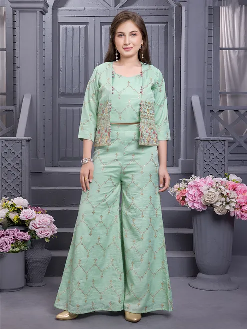 Pista green silk embroidered jacket style palazzo suit