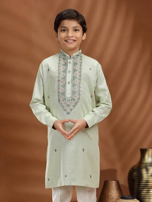 Pista green silk embroidered kurta suit
