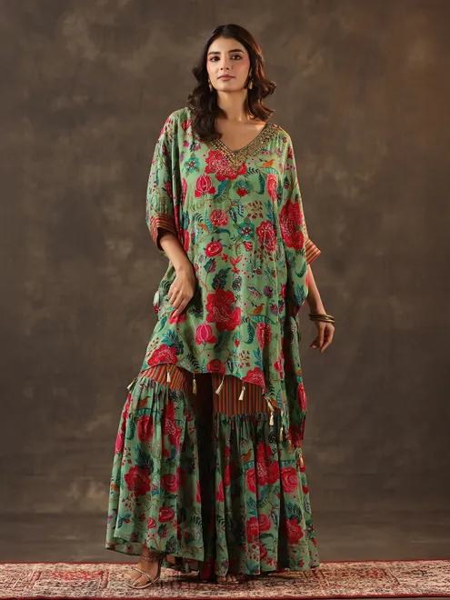 Pista green silk kaftan style designer sharara suit