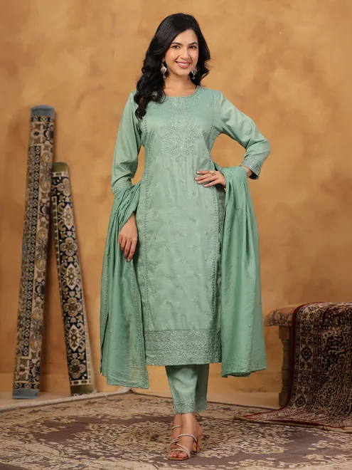 Pista green silk kurti set with sequins work