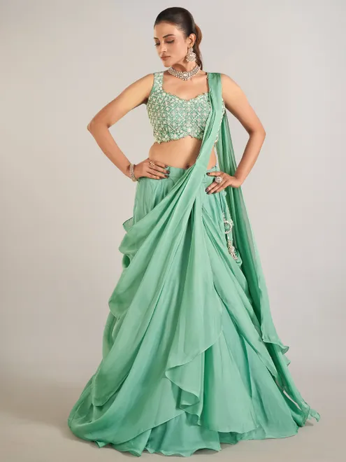 Pista green silk lahenga choli for wedding