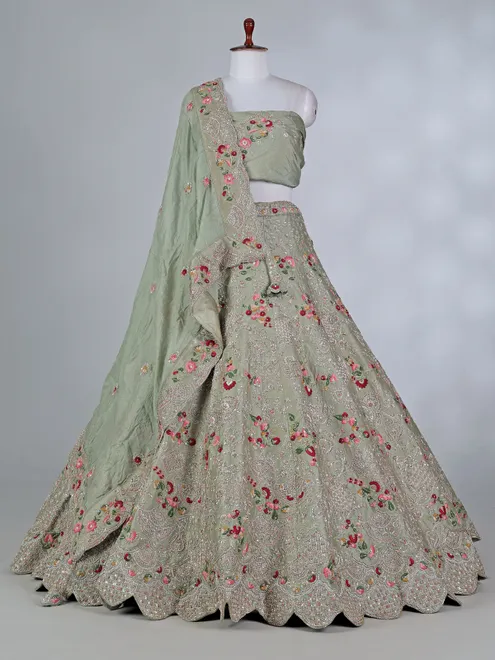Pista green silk lehenga choli with resham embellishments