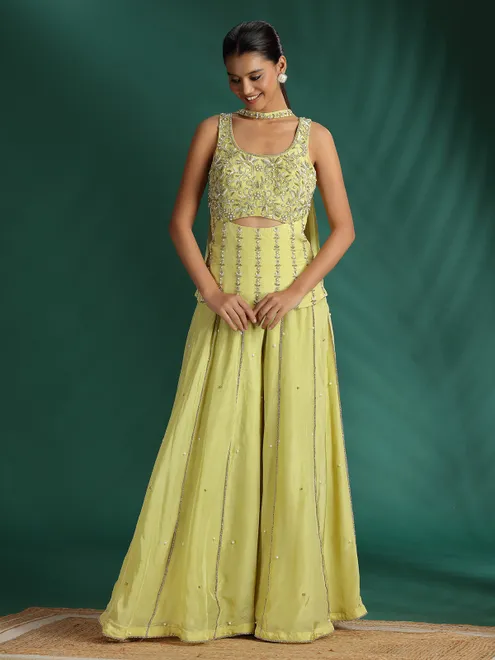 Pista green silk palazzo suit with dupatta
