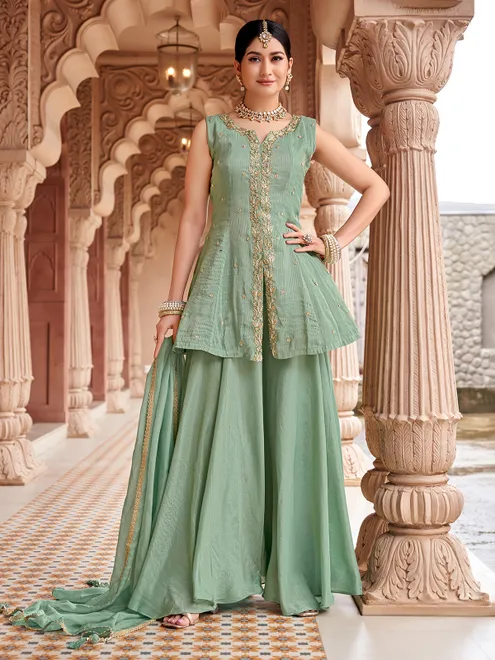 Pista green silk palazzo suit with dupatta for women