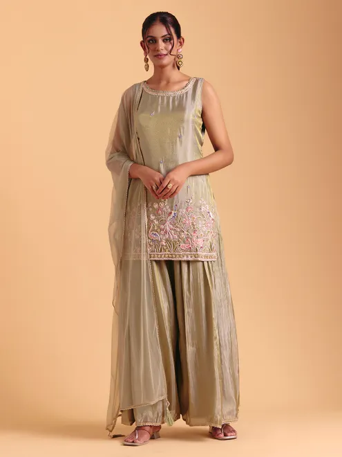Pista green silk palazzo suit with heavy embroidery