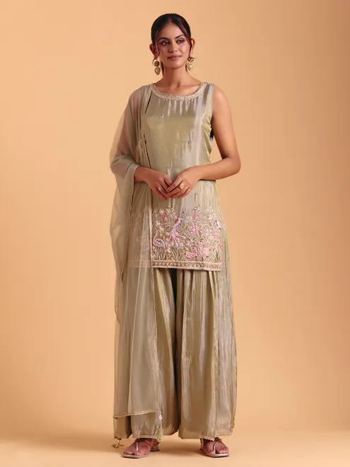 Pista green silk palazzo suit with heavy embroidery
