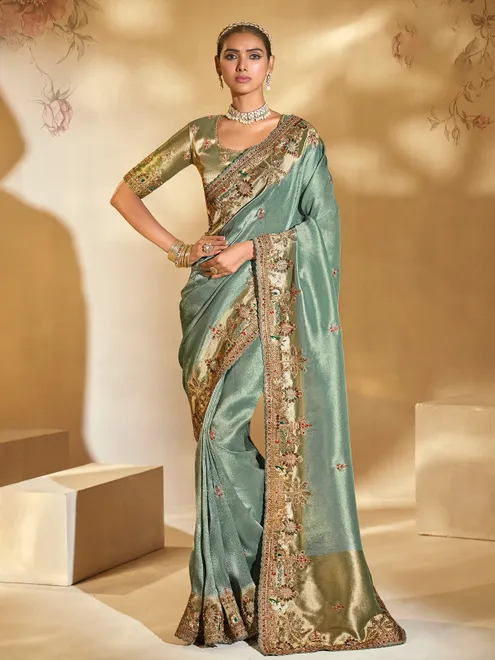 Pista green silk saree with zardosi work